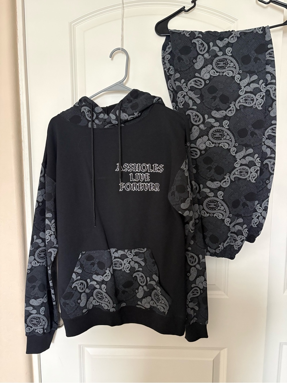 Assholes Live Forever Hoodie with Matching Sweats Grey Skull Paisley Accents